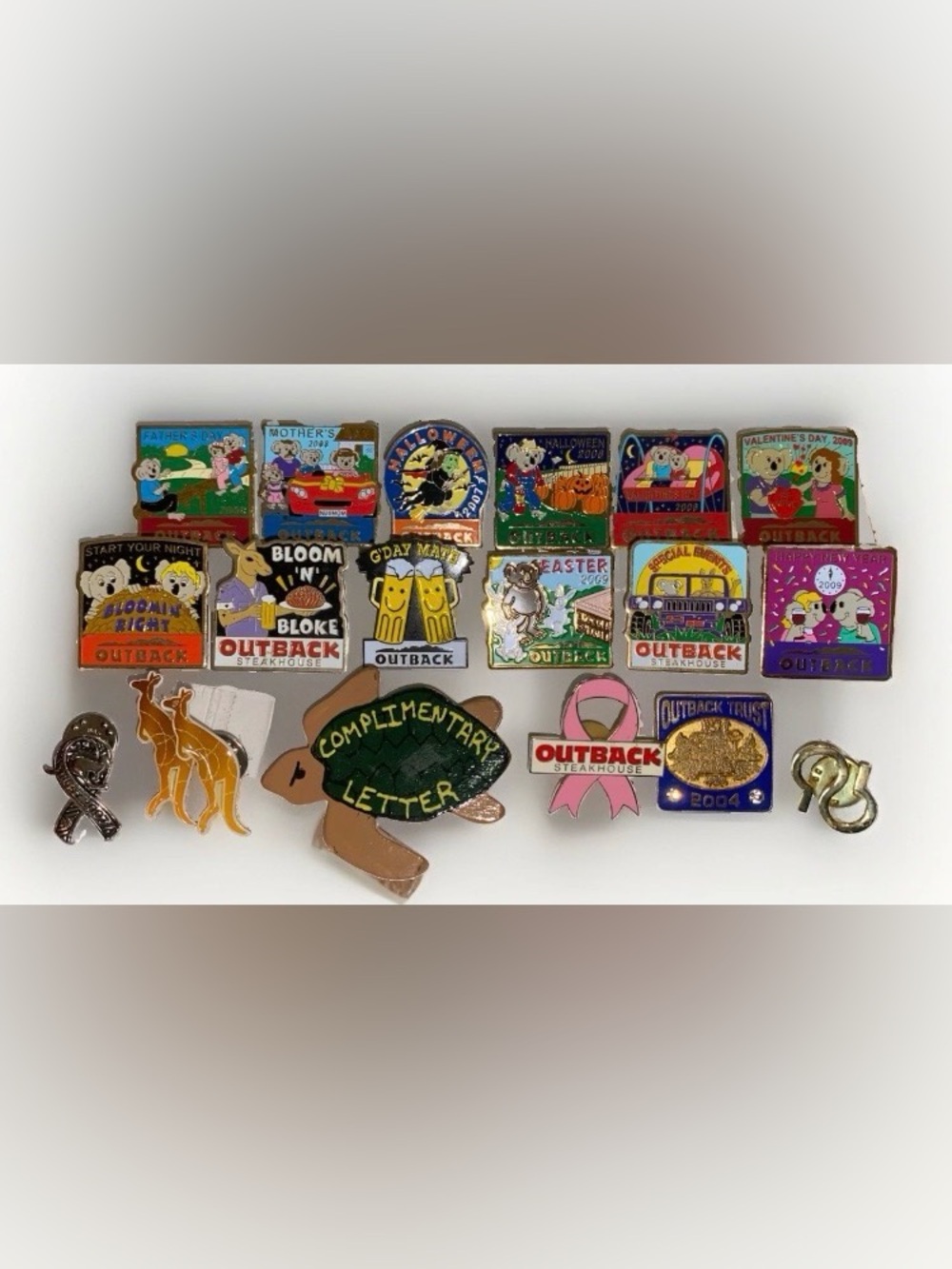 20pc Vintage Outback Steakhouse Pin Lot [04-‘09] + Basil Hayden Bourbon Pin